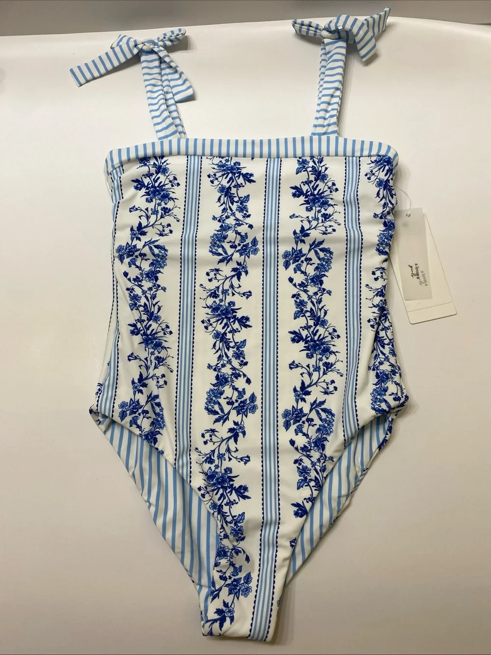 Reversible Blue & White Floral Stripe Kids Reversible One-Piece Swimsuit